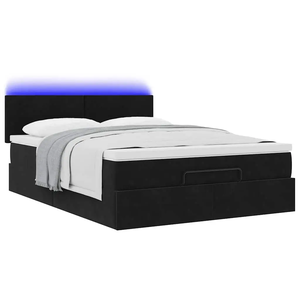 Ottoman Bed Black Velvet Double Pocket Spring Mattress with LED Lights and Hydraulic Lift Storage