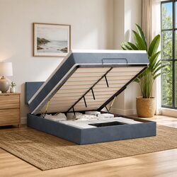 Grey Velvet Queen Ottoman Bed with LED Lighting