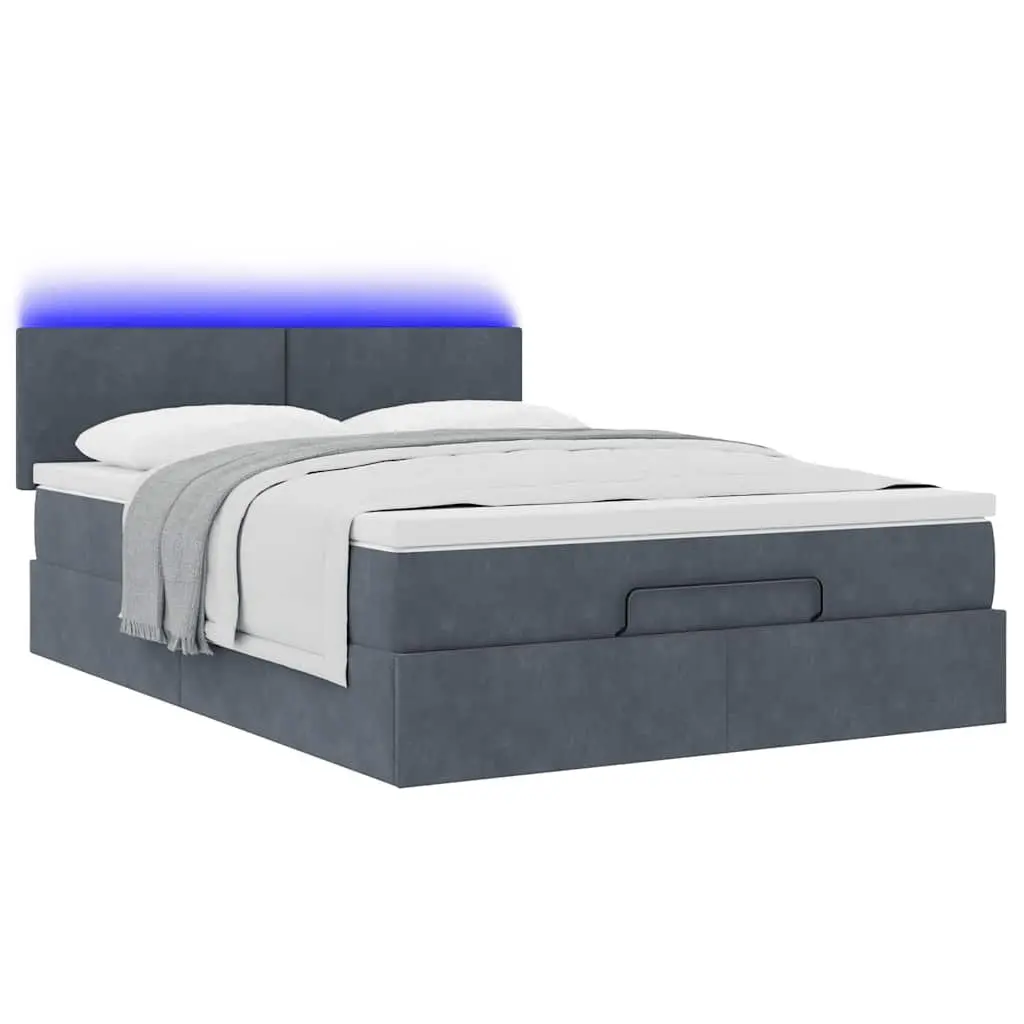 Queen Ottoman Bed Grey Velvet Pocket Spring Mattress with LED Lights
