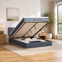 Grey Velvet Double Ottoman Bed with Pocket Spring Mattress