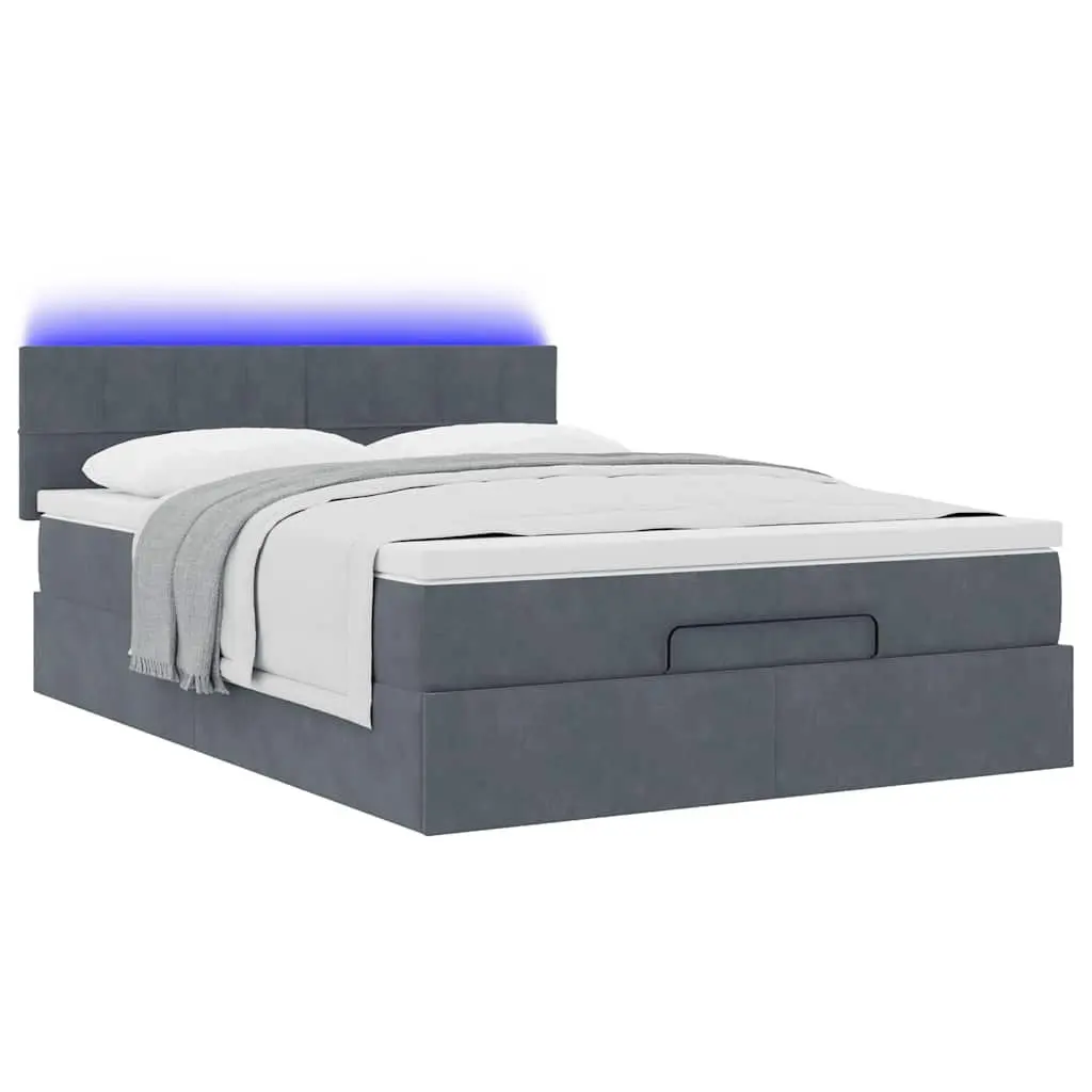Double Ottoman Bed Grey Velvet Pocket Spring Mattress with Hydraulic Lift and Adjustable LED Lights