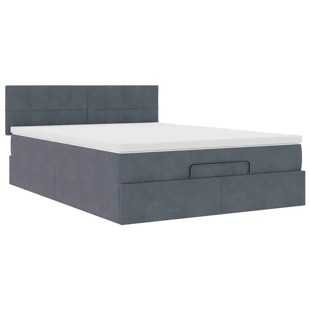 Double Ottoman Bed Grey Velvet Pocket Spring Mattress with Hydraulic Lift and Adjustable LED Lights