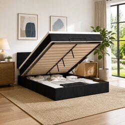 Double Ottoman Bed with Velvet Upholstery and LED Lights