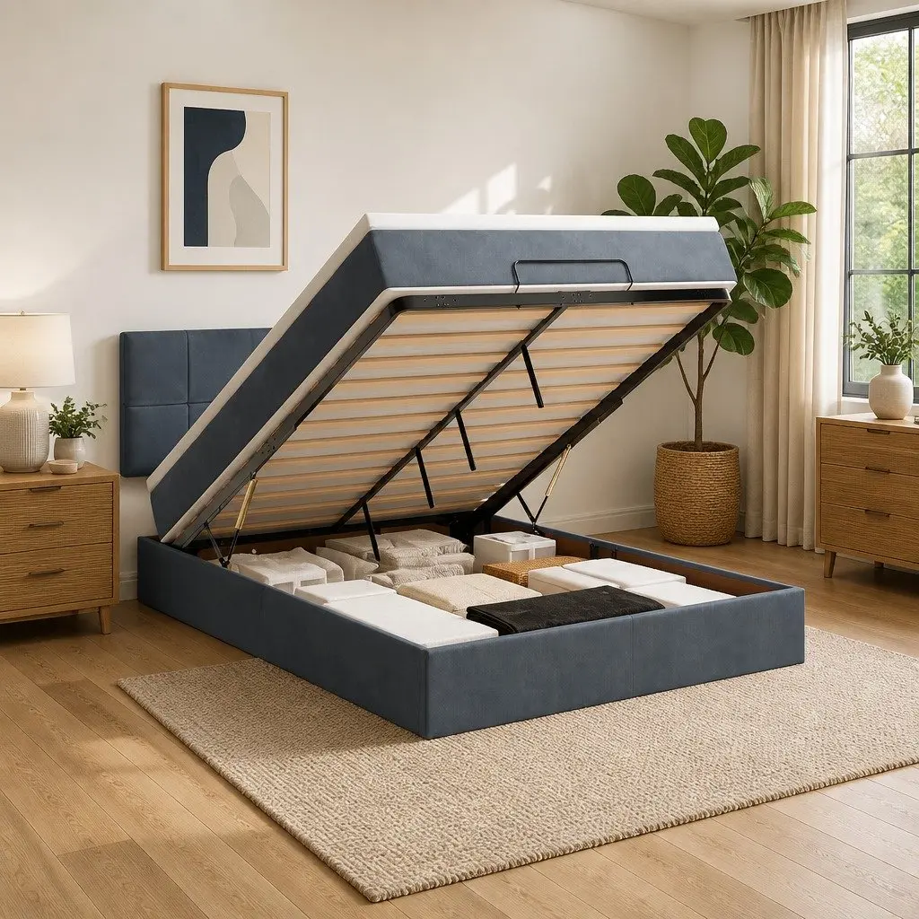 Queen Ottoman Bed Grey Velvet Pocket Spring Mattress with LED Lights