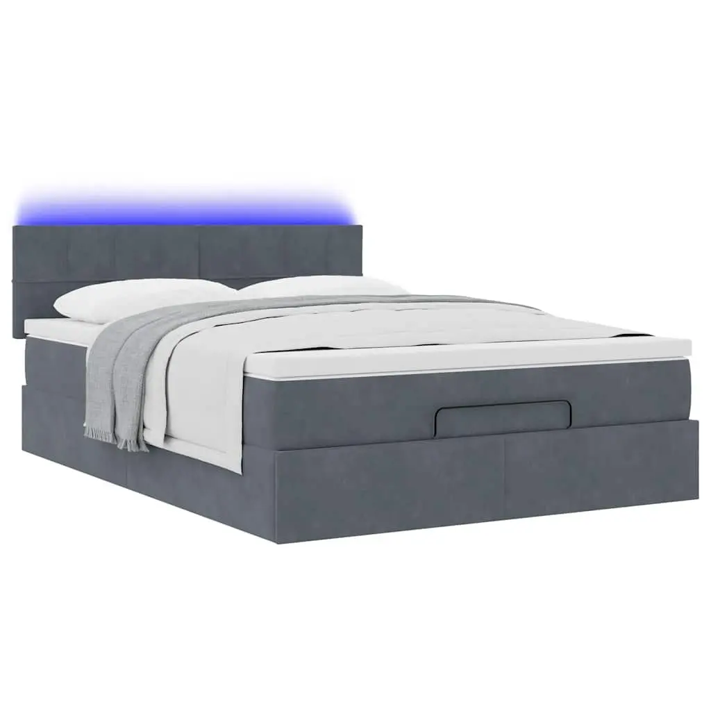 Queen Ottoman Bed Grey Velvet Pocket Spring Mattress with LED Lights