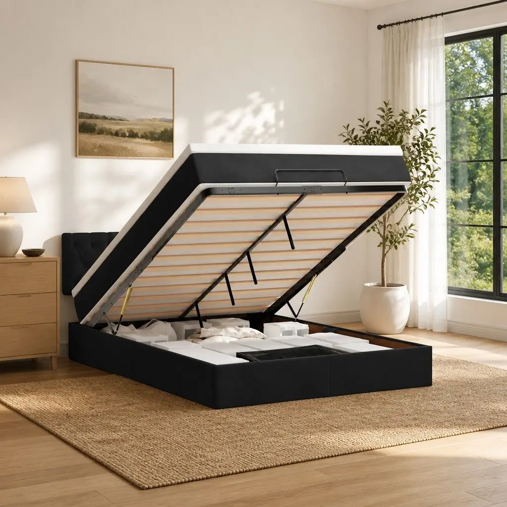 Ottoman Bed Black Velvet Double with Pocket Spring Mattress and LED Lights
