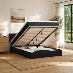 Double Black Velvet Ottoman Bed with Storage and LED Lights