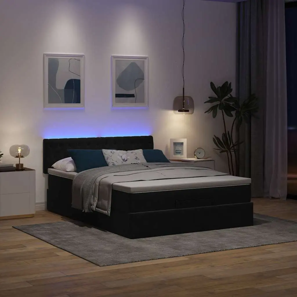 Ottoman Bed Black Velvet Double with Pocket Spring Mattress and LED Lights