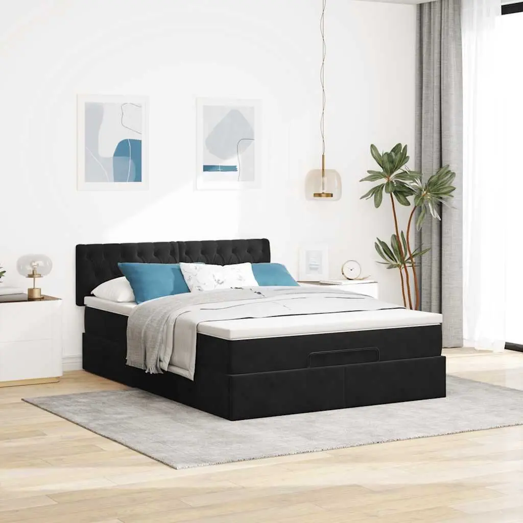 Ottoman Bed Black Velvet Double with Pocket Spring Mattress and LED Lights