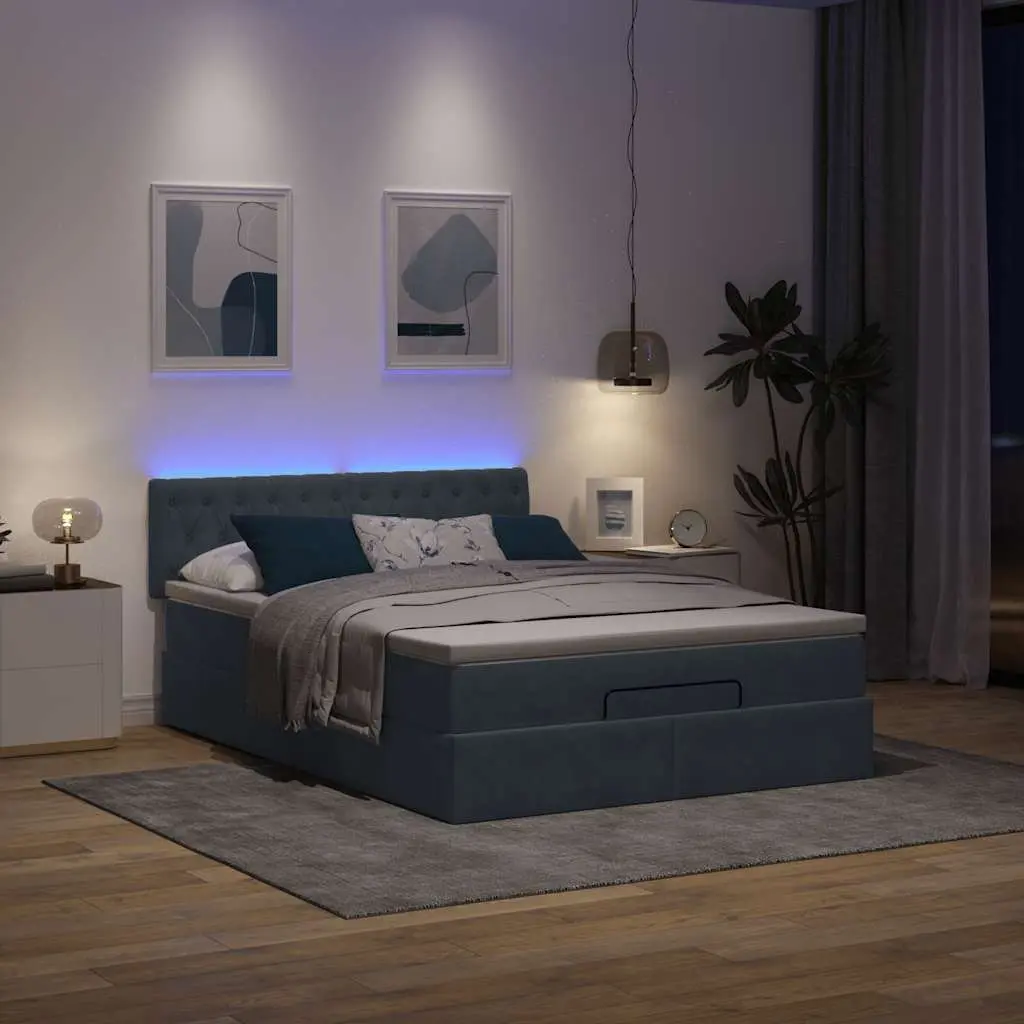 Queen Ottoman Bed Grey Velvet Pocket Spring Mattress with LED Lights
