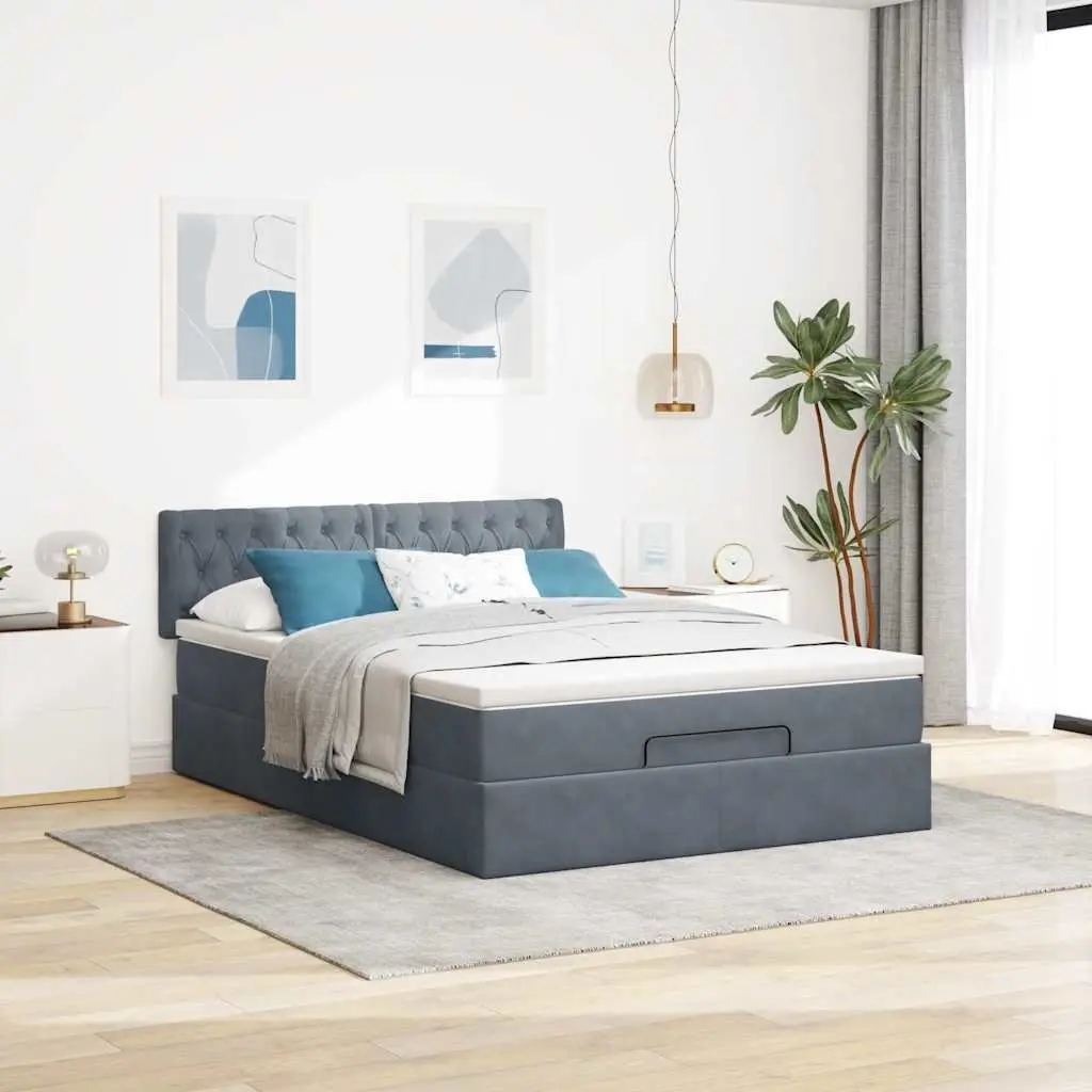 Queen Ottoman Bed Grey Velvet Pocket Spring Mattress with LED Lights