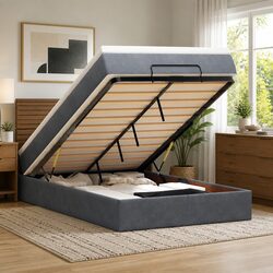 King Single Ottoman Bed in Grey Velvet with Storage