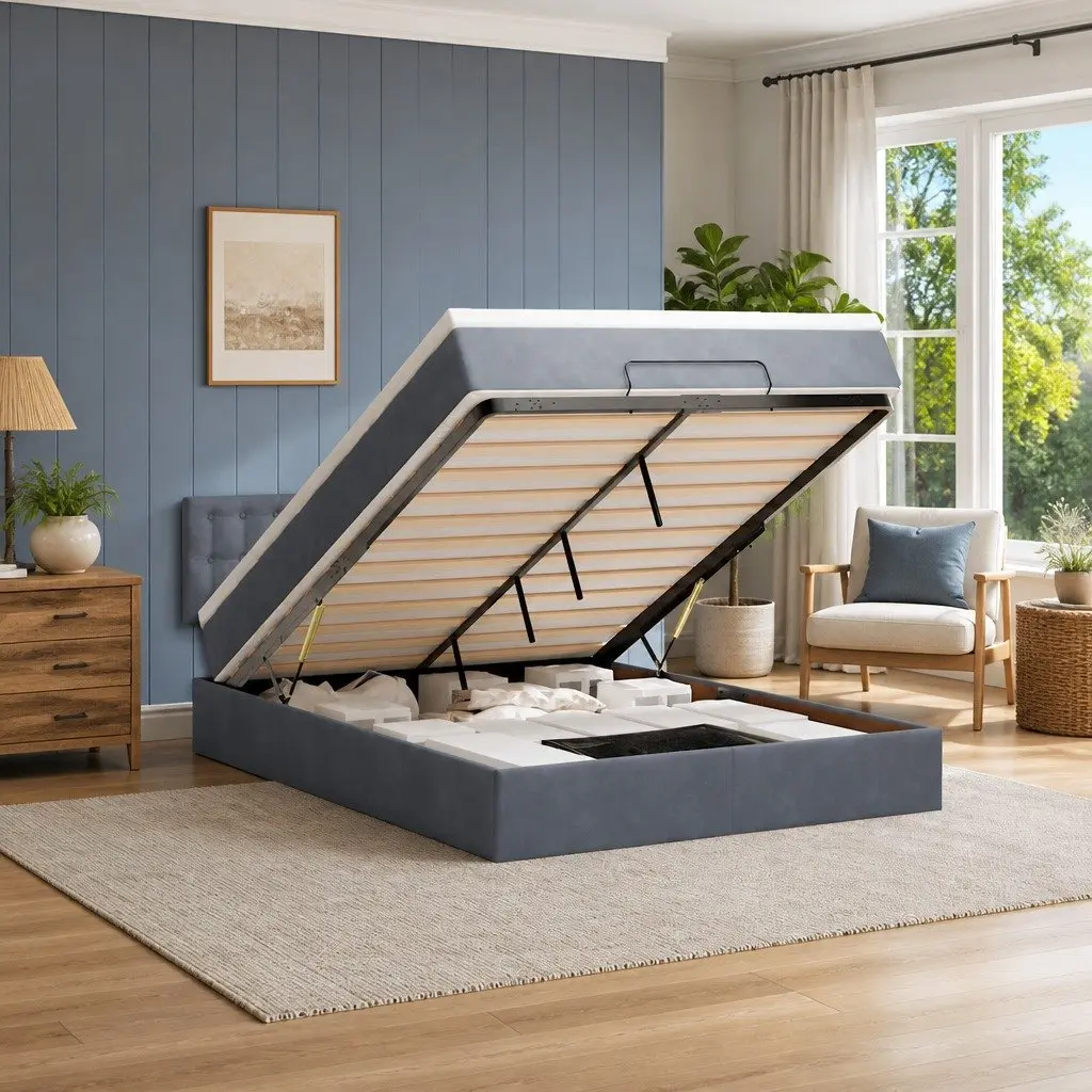 Ottoman Bed Grey Velvet Double with Pocket Spring Mattress Storage and LED Lights