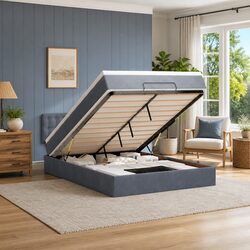 Grey Velvet Ottoman Bed with Storage and LED Lighting