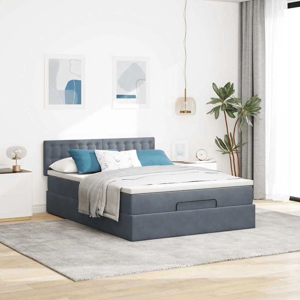 Ottoman Bed Grey Velvet Double with Pocket Spring Mattress Storage and LED Lights