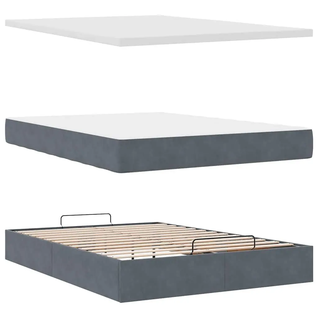 Ottoman Bed Grey Velvet Double with Pocket Spring Mattress Storage and LED Lights