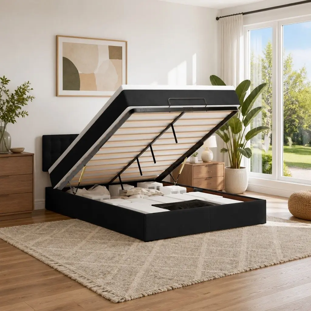 Ottoman Bed Black Velvet Pocket Spring Mattress Under-Bed Storage LED Lights