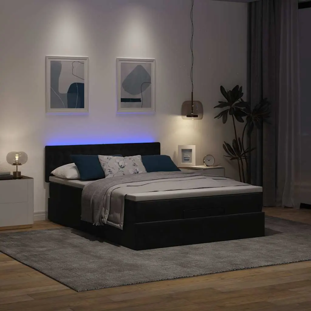 Ottoman Bed Black Velvet Pocket Spring Mattress Under-Bed Storage LED Lights