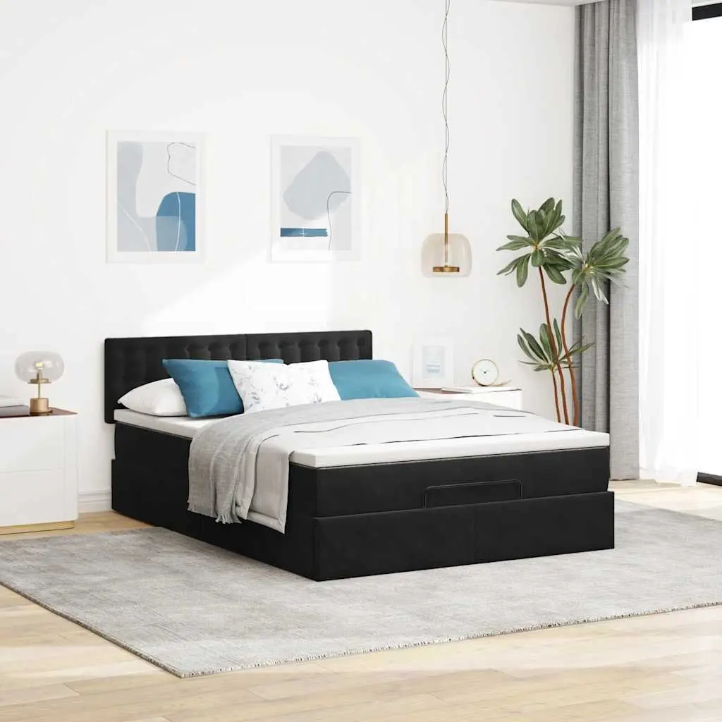 Ottoman Bed Black Velvet Pocket Spring Mattress Under-Bed Storage LED Lights
