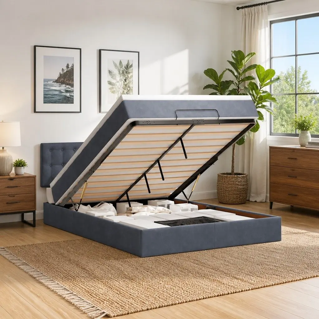 Queen Ottoman Storage Bed Grey Velvet Pocket Spring Mattress with LED Lights