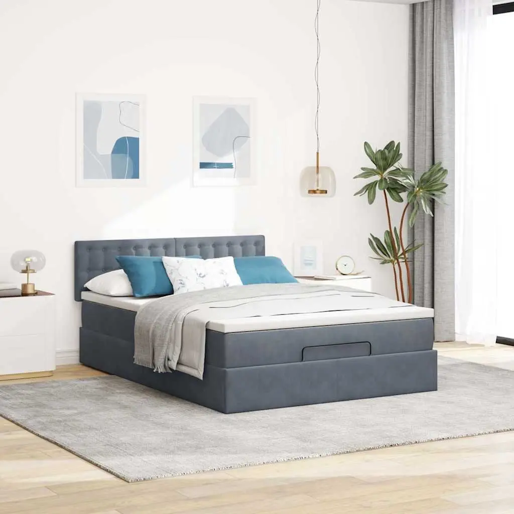 Queen Ottoman Storage Bed Grey Velvet Pocket Spring Mattress with LED Lights