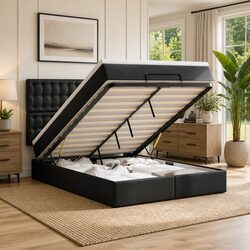 Stylish Double Ottoman Bed Frame with Mattress in Black