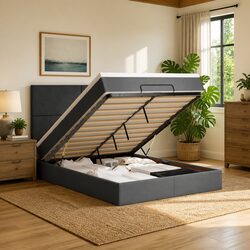 Grey Fabric Double Ottoman Bed with Pocket Spring Mattress