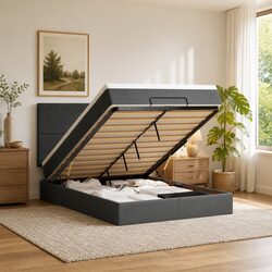 Queen Grey Upholstered Ottoman Bed with Pocket Spring Mattress