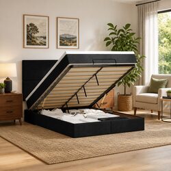 Queen Black Fabric Ottoman Bed with Storage Lift