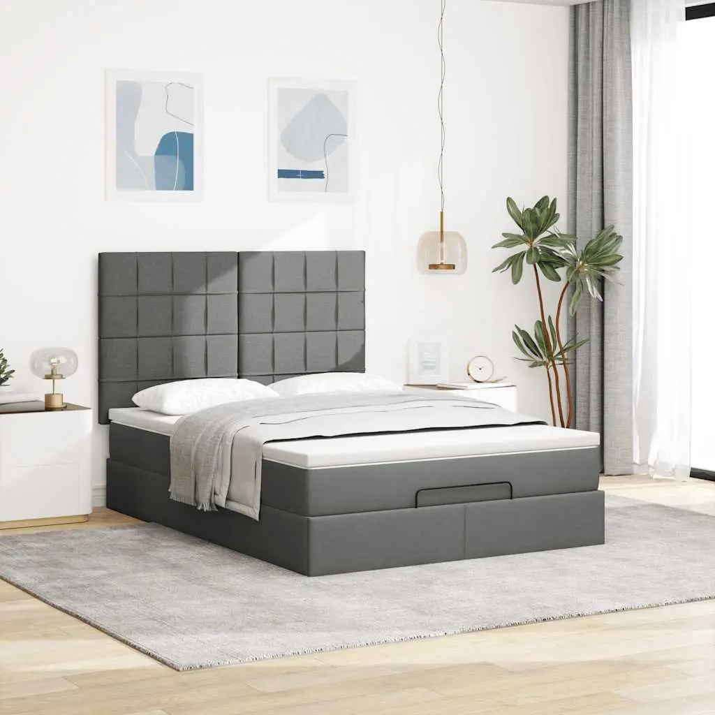 Ottoman Bed Grey Fabric Queen Size with Mattress Storage Lift Slat Base