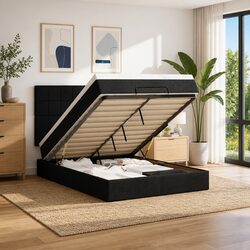 Queen Ottoman Bed with Black Fabric Storage and Mattress