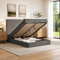 Grey Fabric Double Ottoman Bed with Pocket Spring Mattress