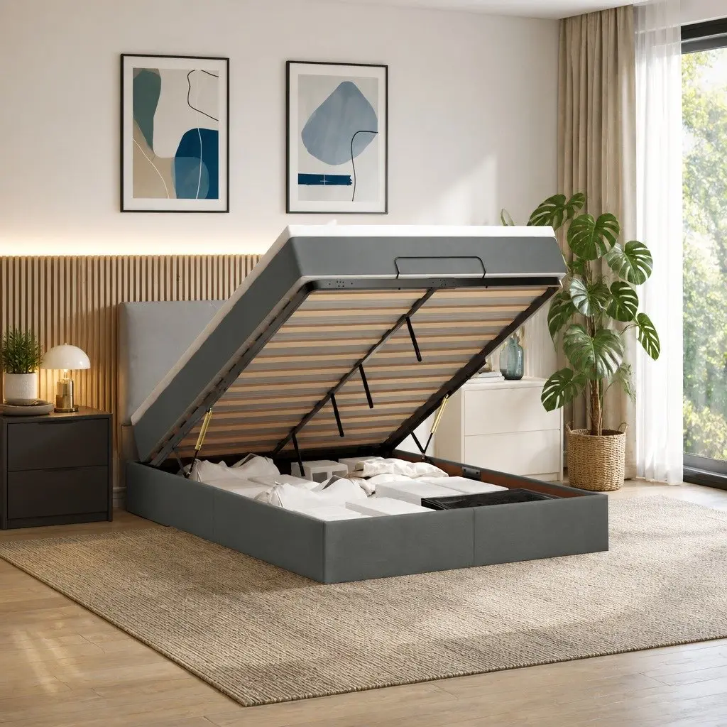 Ottoman Bed Grey Queen Pocket Spring Mattress Storage Furniture