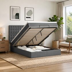 Grey Double Ottoman Bed with Pocket Spring Mattress