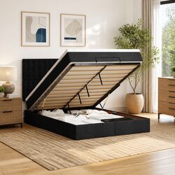 Double Ottoman Bed in Black Fabric with Pocket Spring Mattress