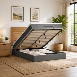 Queen Size Ottoman Bed with Mattress in Grey Fabric