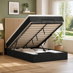 King Single Ottoman Bed with Mattress in Black Fabric