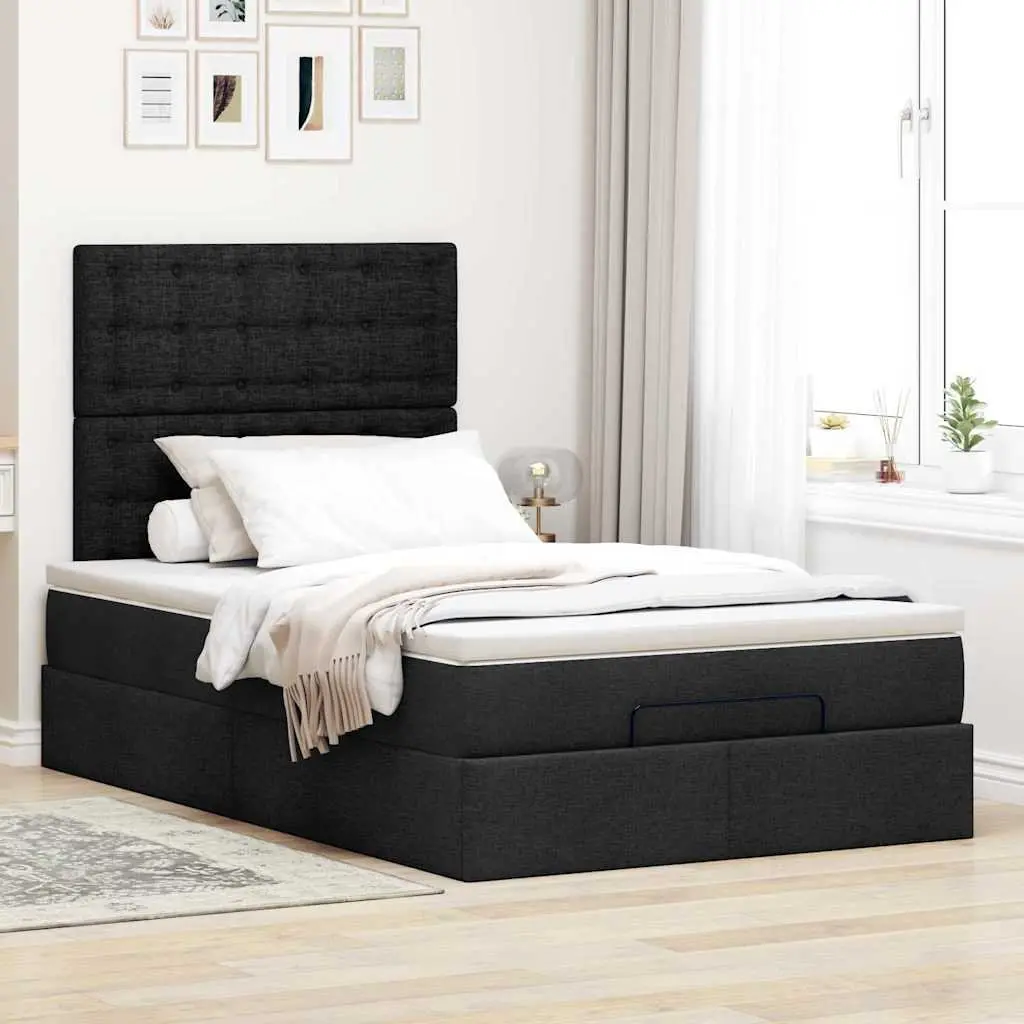 Ottoman Bed King Single Black Fabric with Mattress Pocket Spring Hydraulic Lift Storage