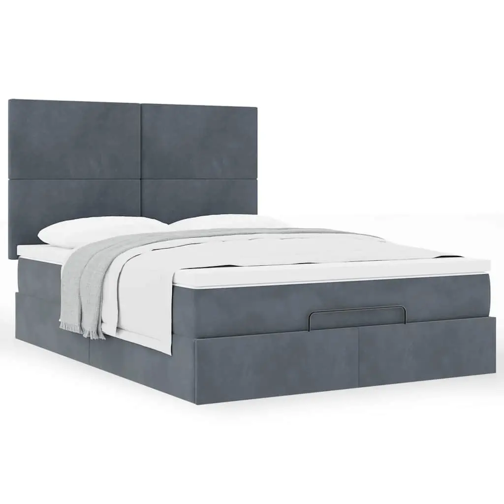 Double Ottoman Bed Frame with Grey Velvet Upholstery and Pocket Spring Mattress with Hydraulic Lift Storage and Slatted Base