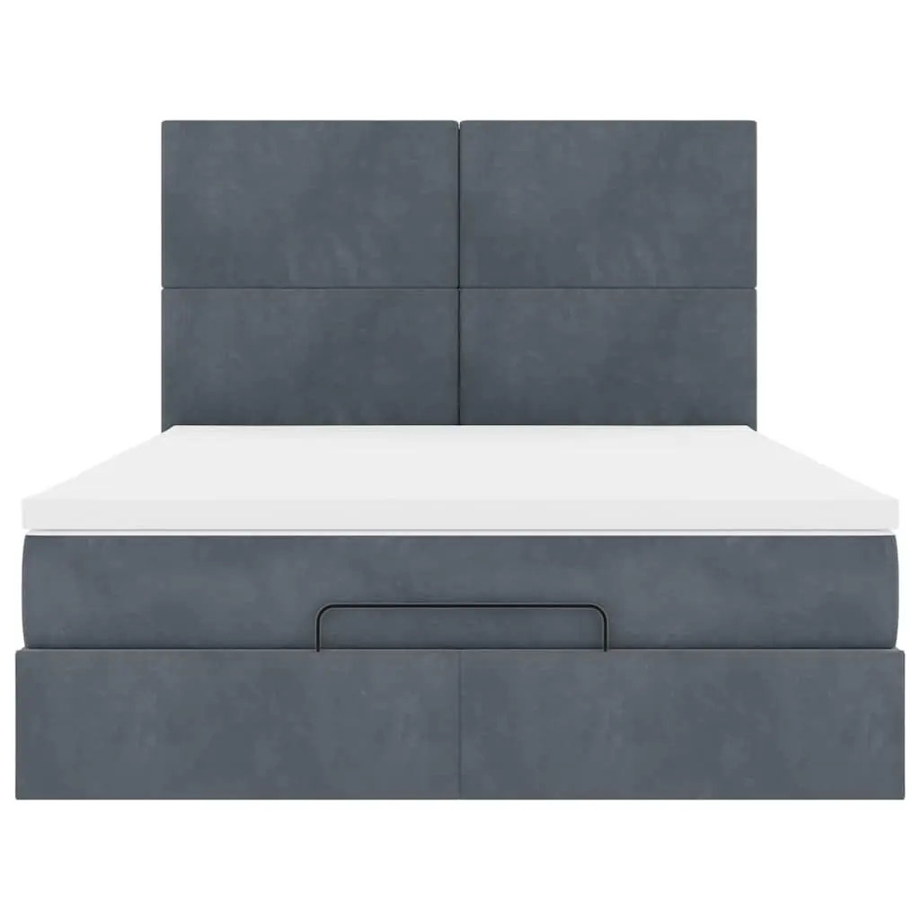 Double Ottoman Bed Frame with Grey Velvet Upholstery and Pocket Spring Mattress with Hydraulic Lift Storage and Slatted Base