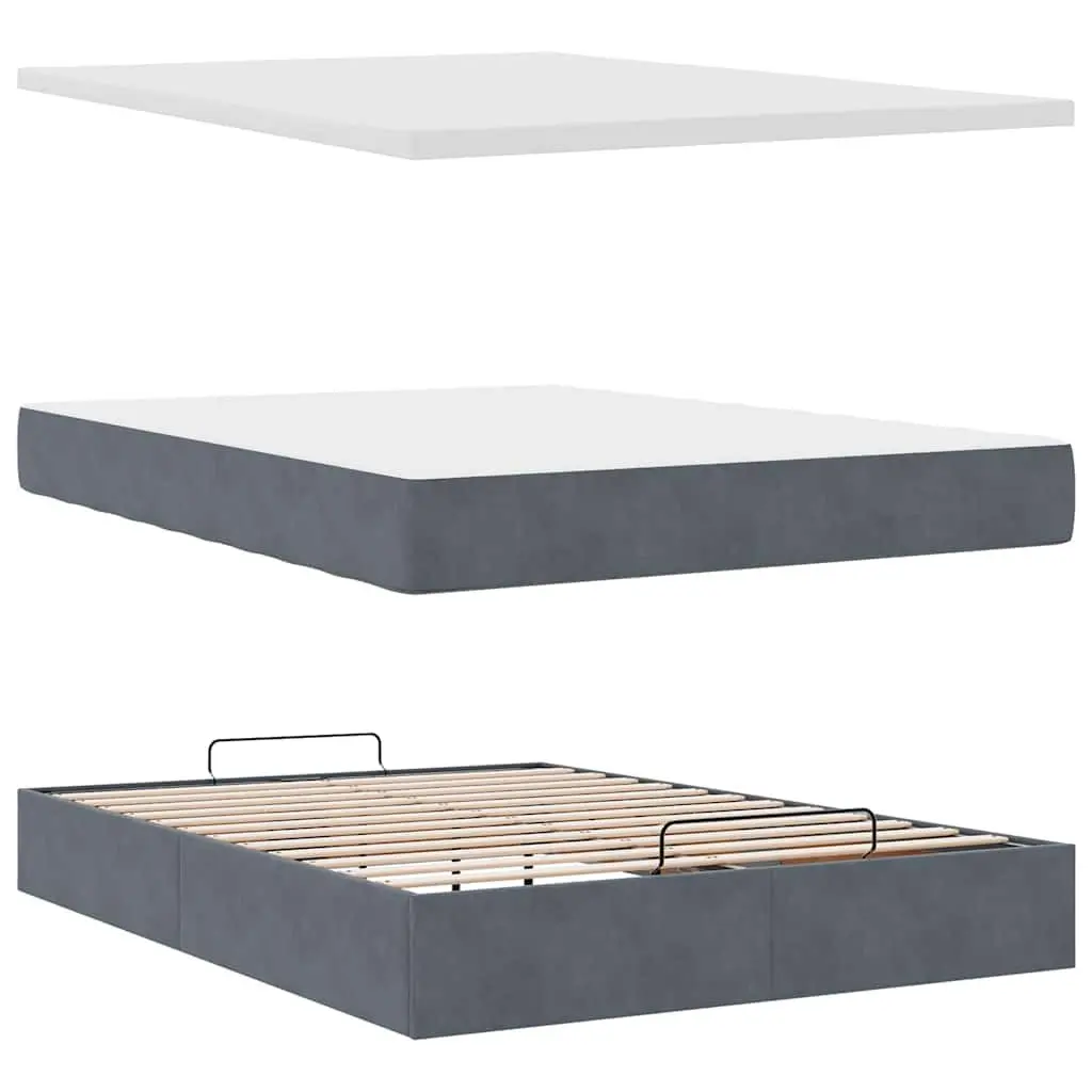 Double Ottoman Bed Frame with Grey Velvet Upholstery and Pocket Spring Mattress with Hydraulic Lift Storage and Slatted Base