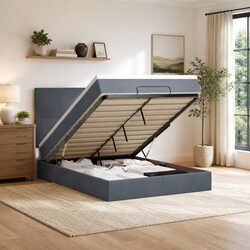 Queen Ottoman Bed with Storage Lift in Grey Velvet