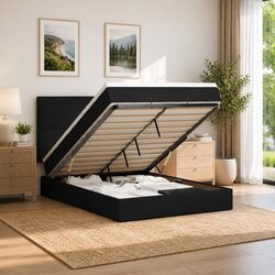Queen Black Velvet Ottoman Bed with Mattress and Storage