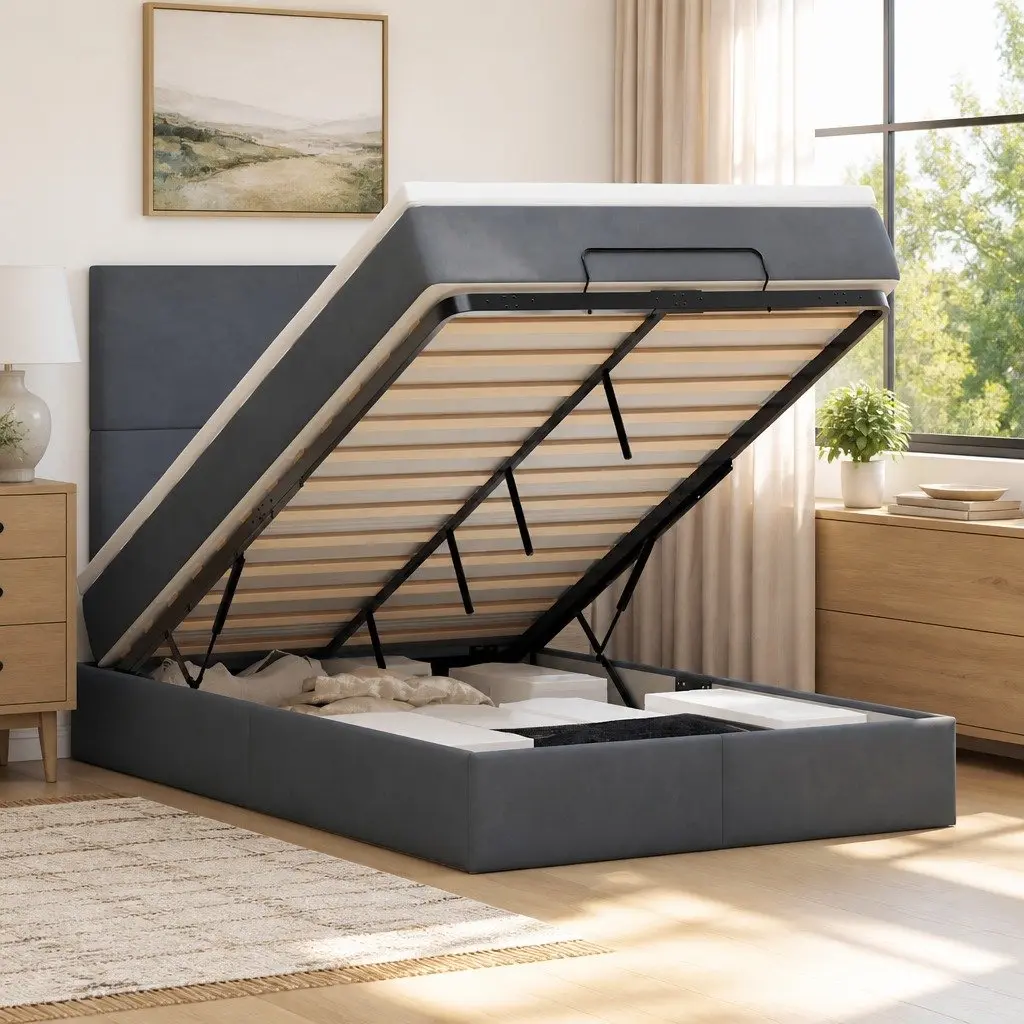Ottoman Bed King Single Grey Velvet Upholstered Storage Frame with Pocket Spring Mattress