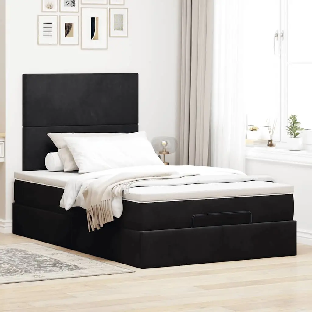 Ottoman Bed with Mattresses King Single Black Velvet Storage Lift Base