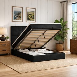 Double Black Velvet Ottoman Bed with Mattresses