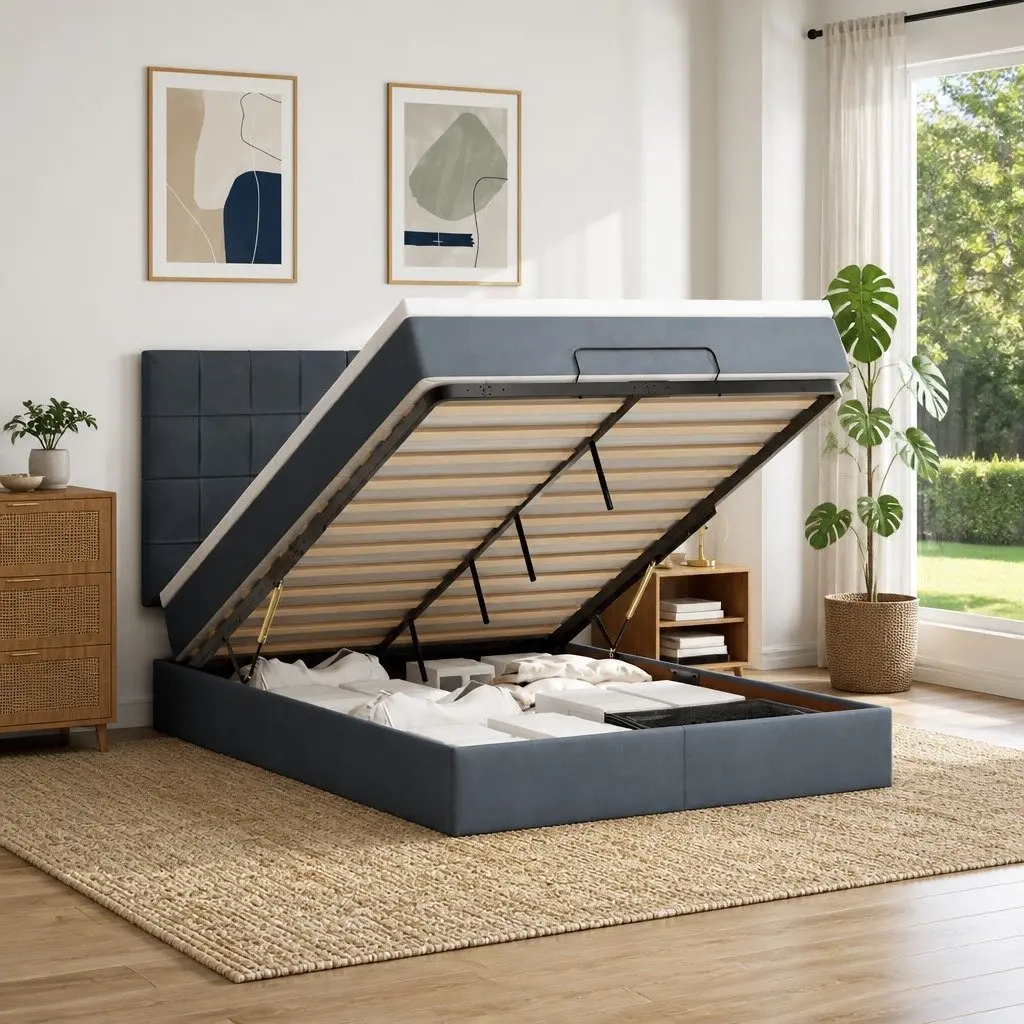 Queen Ottoman Bed Velvet Grey Upholstered with Pocket Spring Mattress and Hydraulic Lift Storage