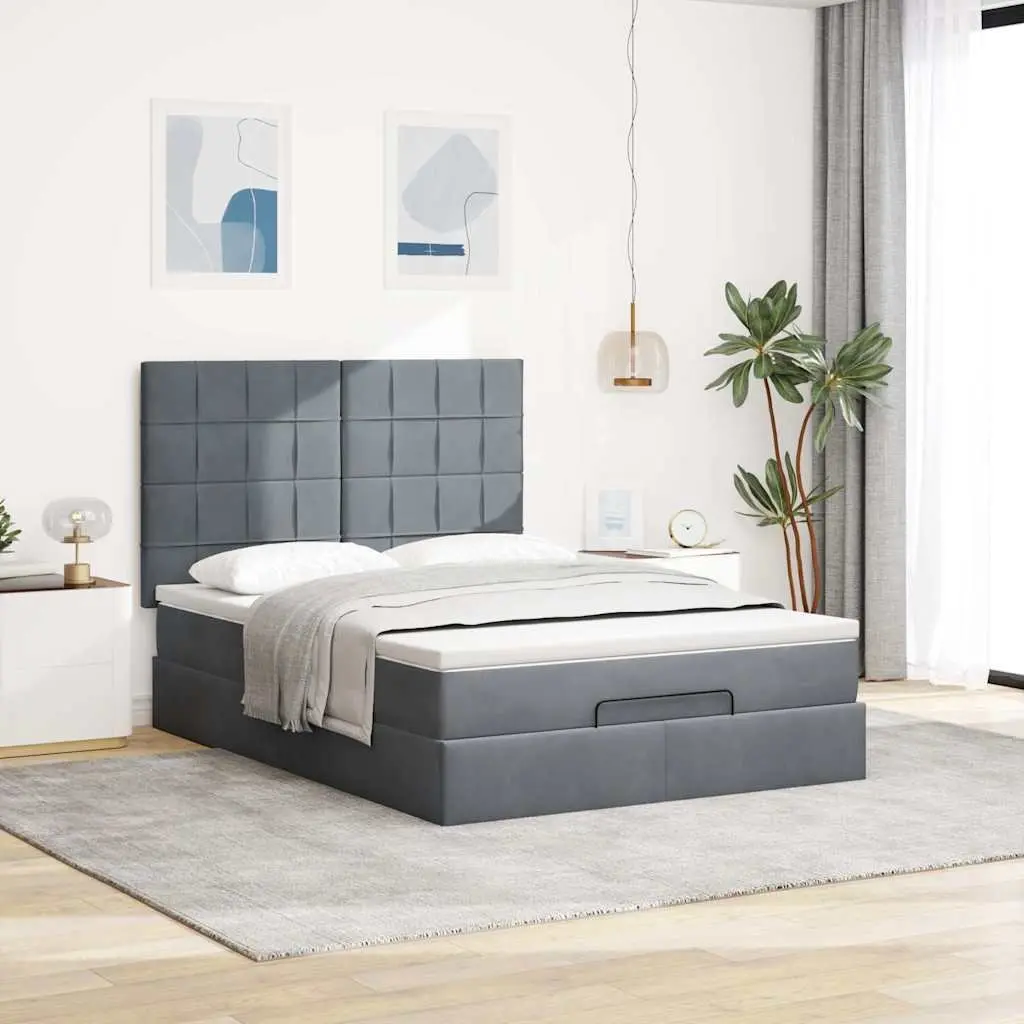 Queen Ottoman Bed Velvet Grey Upholstered with Pocket Spring Mattress and Hydraulic Lift Storage