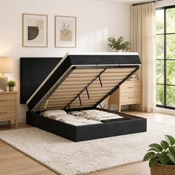 Black Velvet Ottoman Bed Queen Size with Pocket Spring Mattresses