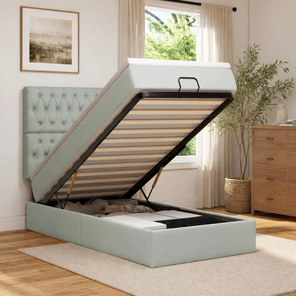 Ottoman Bed Black Velvet King Single Storage Lift Frame with Pocket Spring Mattress